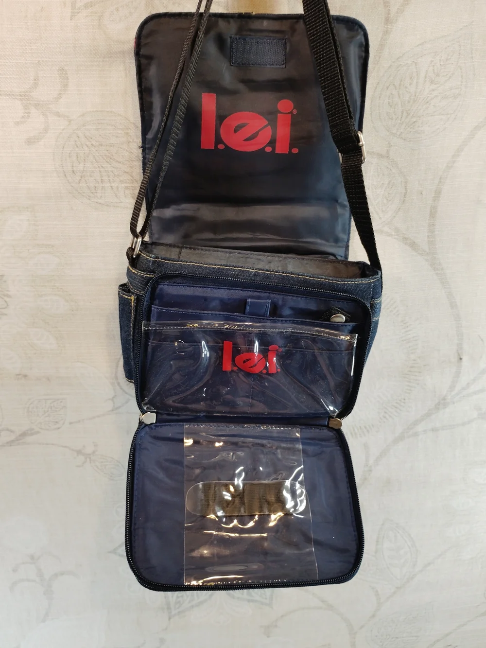 lei Vintage Dark Blue Denim Crossbody Bag with Colorful Floral Patches